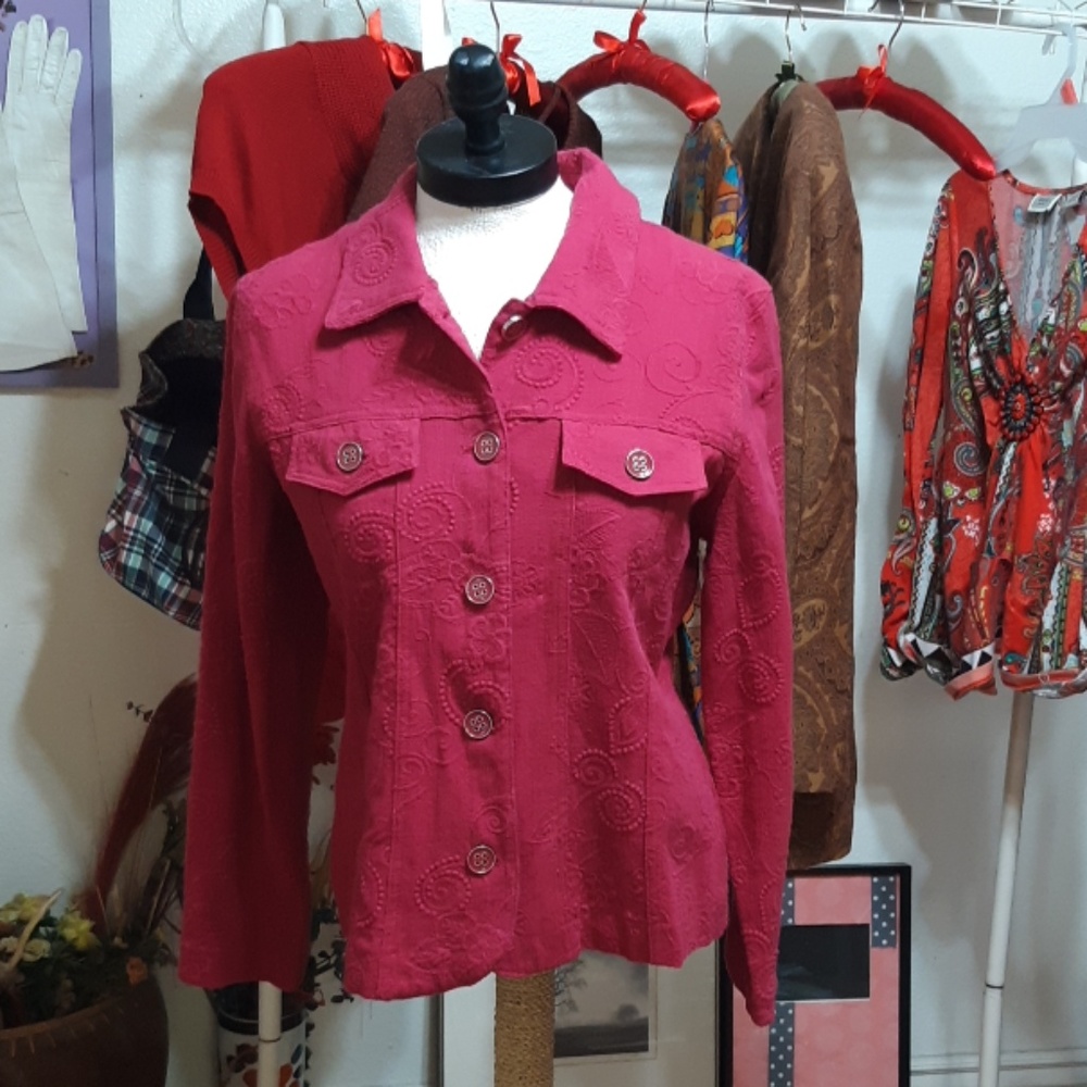 Womens Pink Jacket sz L B5 ANALOGY Texture design pink Button Up Long Sleeve